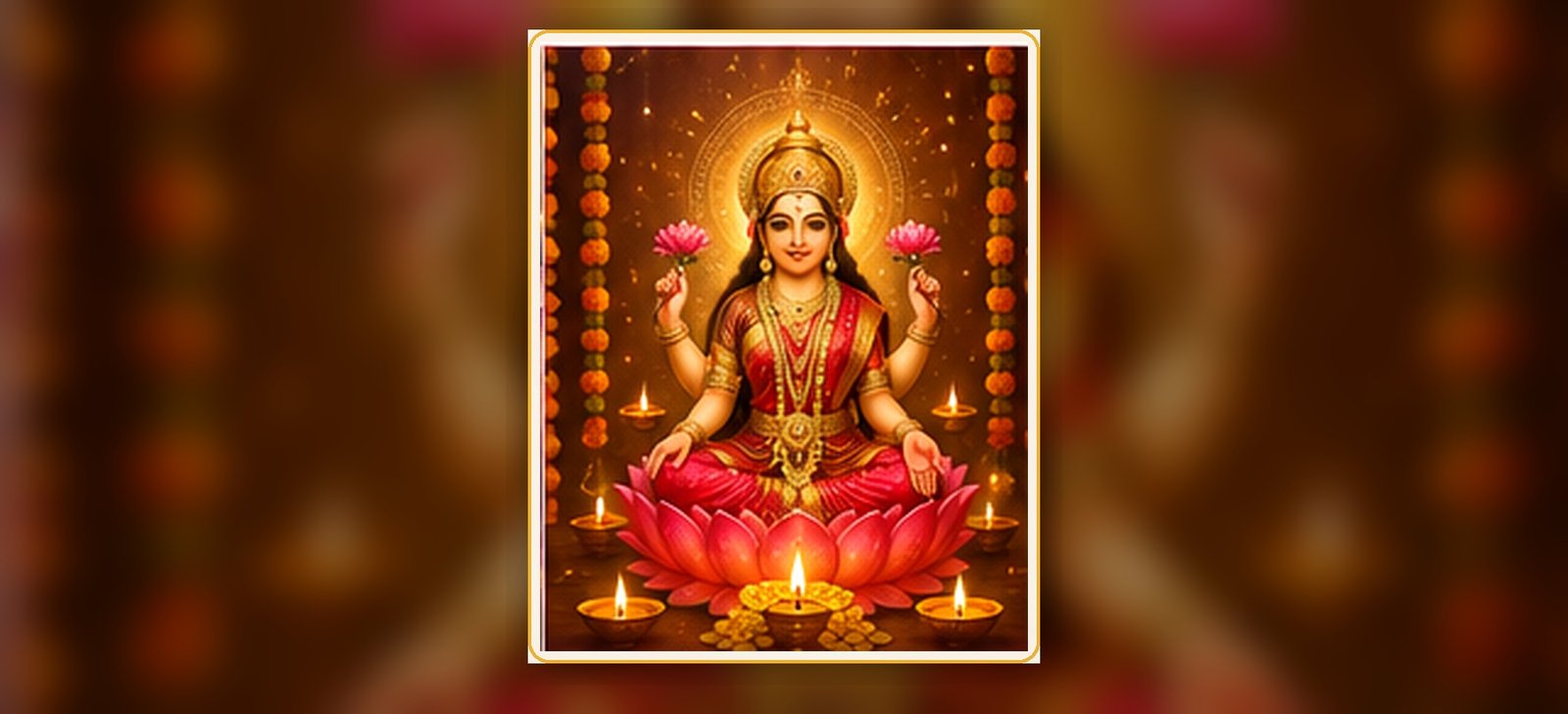 Maa Lakshmi Ji with lotus flowers and diyas